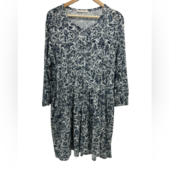 Peruvian Connection Pima Cotton Modal Blue Gray Floral Babydoll Mini Dress - M - Picture 1 of 8